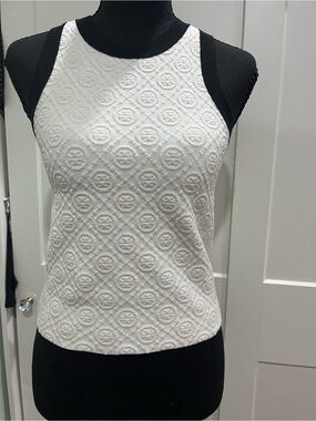 Tory Burch T Monogram Knit Tank Top White & Black Sleequard Size XS